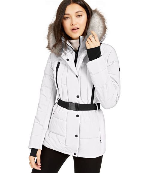 michael michael kors active faux fur trim belted puffer coat|Michael Kors packable puffer jacket.